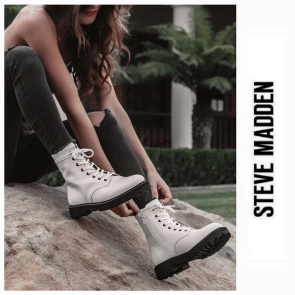 Edgy Chic Steve Madden Rhinestone Embellished Bone Leather Combat Boots - Picture 1 of 7